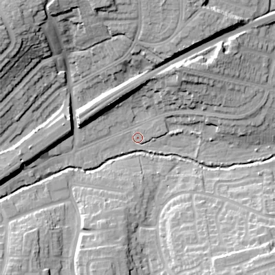Shaded relief map of the ground around B313UP, computed from Environment Agency LiDAR. The ground here sits at about 147 m above sea level and falls 29 m across the surrounding 800 m. Surface water reaching this point runs off ground lying to the north-west, 26.1 m higher.