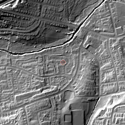 Shaded relief map of the ground around B313XL, computed from Environment Agency LiDAR. The ground here sits at about 147 m above sea level and falls 35 m across the surrounding 800 m. Surface water reaching this point runs off ground lying to the south-south-west, 4.5 m higher.