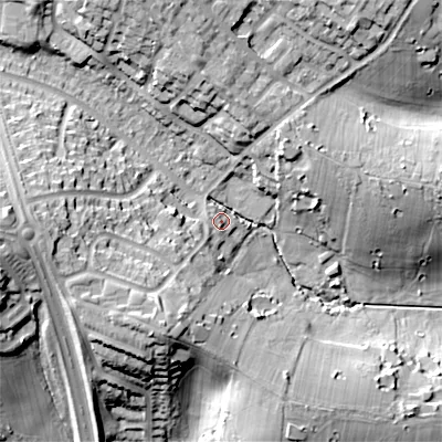 Shaded relief map of the ground around B322NG, computed from Environment Agency LiDAR. The ground here sits at about 154 m above sea level and falls 31 m across the surrounding 800 m. Surface water reaching this point runs off ground lying to the west, 18.0 m higher.