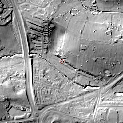 Shaded relief map of the ground around B322UX, computed from Environment Agency LiDAR. The ground here sits at about 146 m above sea level and falls 35 m across the surrounding 800 m. Surface water reaching this point runs off ground lying to the north-north-west, 25.5 m higher.