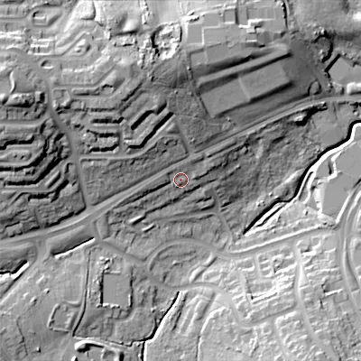 Shaded relief map of the ground around B323AL, computed from Environment Agency LiDAR. The ground here sits at about 159 m above sea level and falls 33 m across the surrounding 800 m. Surface water reaching this point runs off ground lying to the north-north-east, 3.0 m higher.