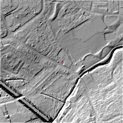 Shaded relief map of the ground around B330HX, computed from Environment Agency LiDAR. The ground here sits at about 88 m above sea level and falls 17 m across the surrounding 800 m. Surface water reaching this point runs off ground lying to the north-west, 11.9 m higher.