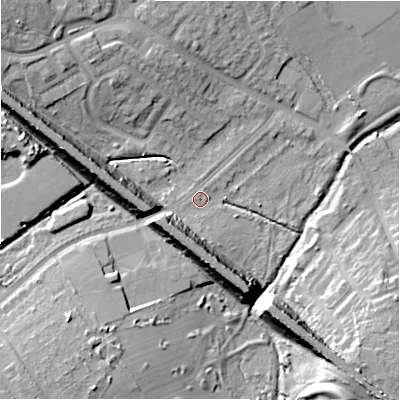 Shaded relief map of the ground around B330HY, computed from Environment Agency LiDAR. The ground here sits at about 88 m above sea level and falls 18 m across the surrounding 800 m. Surface water reaching this point runs off ground lying to the south-west, 12.8 m higher.