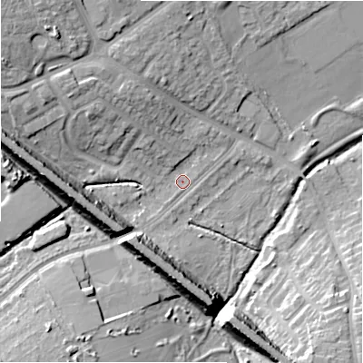 Shaded relief map of the ground around B330JA, computed from Environment Agency LiDAR. The ground here sits at about 87 m above sea level and falls 17 m across the surrounding 800 m. Surface water reaching this point runs off ground lying to the west, 14.9 m higher.