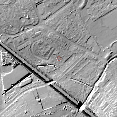 Shaded relief map of the ground around B330XT, computed from Environment Agency LiDAR. The ground here sits at about 88 m above sea level and falls 17 m across the surrounding 800 m. Surface water reaching this point runs off ground lying to the north-north-west, 3.4 m higher.