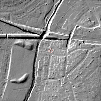 Shaded relief map of the ground around B338AE, computed from Environment Agency LiDAR. The ground here sits at about 102 m above sea level and falls 19 m across the surrounding 800 m. Surface water reaching this point runs off ground lying to the east-south-east, 6.3 m higher.