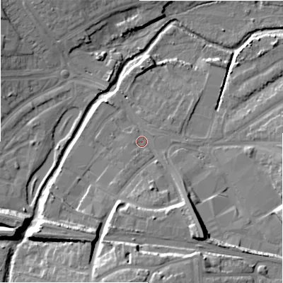 Shaded relief map of the ground around B339AX, computed from Environment Agency LiDAR. The ground here sits at about 100 m above sea level and falls 19 m across the surrounding 800 m. Surface water reaching this point runs off ground lying to the south-south-east, 11.6 m higher.