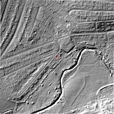 Shaded relief map of the ground around B346EA, computed from Environment Agency LiDAR. The ground here sits at about 95 m above sea level and falls 13 m across the surrounding 800 m. Surface water reaching this point runs off ground lying to the west-south-west, 1.0 m higher.