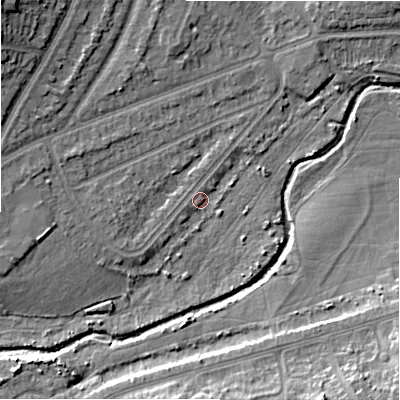 Shaded relief map of the ground around B346ED, computed from Environment Agency LiDAR. The ground here sits at about 96 m above sea level and falls 16 m across the surrounding 800 m. Surface water reaching this point runs off ground lying to the west, 4.6 m higher.