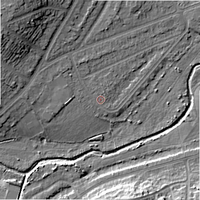 Shaded relief map of the ground around B346EE, computed from Environment Agency LiDAR. The ground here sits at about 97 m above sea level and falls 19 m across the surrounding 800 m. Surface water reaching this point runs off ground lying to the west, 4.1 m higher.
