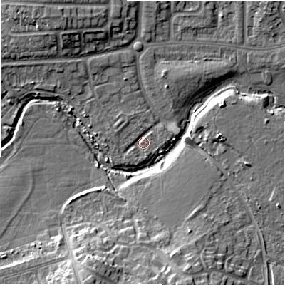 Shaded relief map of the ground around B346HH, computed from Environment Agency LiDAR. The ground here sits at about 94 m above sea level and falls 14 m across the surrounding 800 m. Surface water reaching this point runs off ground lying to the west, 1.6 m higher.