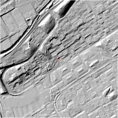 Shaded relief map of the ground around B356BU, computed from Environment Agency LiDAR. The ground here sits at about 82 m above sea level and falls 18 m across the surrounding 800 m. Surface water reaching this point runs off ground lying to the west-north-west, 7.4 m higher.