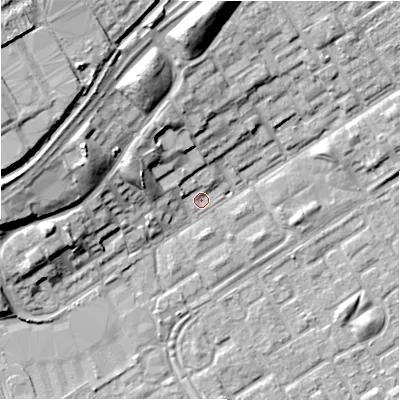 Shaded relief map of the ground around B356BX, computed from Environment Agency LiDAR. The ground here sits at about 82 m above sea level and falls 17 m across the surrounding 800 m. Surface water reaching this point runs off ground lying to the west-north-west, 7.6 m higher.