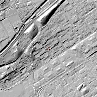 Shaded relief map of the ground around B356BY, computed from Environment Agency LiDAR. The ground here sits at about 84 m above sea level and falls 19 m across the surrounding 800 m. Surface water reaching this point runs off ground lying to the north-west, 14.0 m higher.