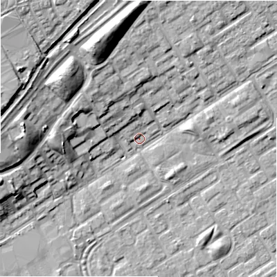 Shaded relief map of the ground around B356DA, computed from Environment Agency LiDAR. The ground here sits at about 81 m above sea level and falls 16 m across the surrounding 800 m. Surface water reaching this point runs off ground lying to the west-north-west, 14.2 m higher.