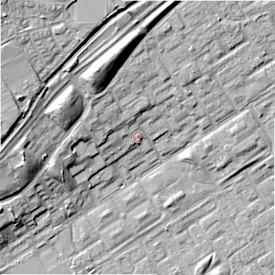 Shaded relief map of the ground around B356DB, computed from Environment Agency LiDAR. The ground here sits at about 84 m above sea level and falls 17 m across the surrounding 800 m. Surface water reaching this point runs off ground lying to the north-west, 5.8 m higher.