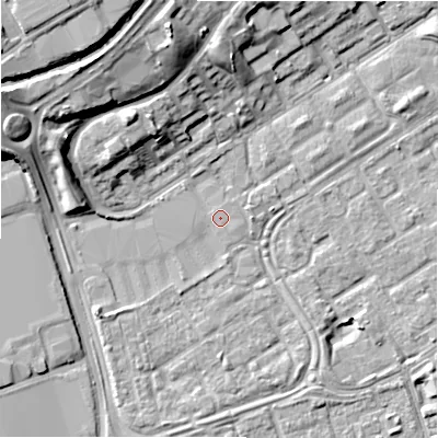 Shaded relief map of the ground around B356DL, computed from Environment Agency LiDAR. The ground here sits at about 82 m above sea level and falls 18 m across the surrounding 800 m. The ground contributing surface water to this point lies to the east-south-east.