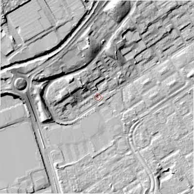 Shaded relief map of the ground around B356DU, computed from Environment Agency LiDAR. The ground here sits at about 82 m above sea level and falls 22 m across the surrounding 800 m. Surface water reaching this point runs off ground lying to the north-west, 5.4 m higher.