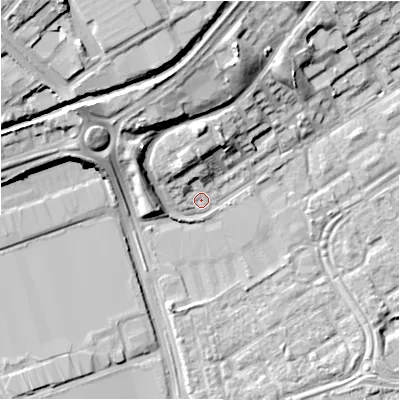 Shaded relief map of the ground around B356DY, computed from Environment Agency LiDAR. The ground here sits at about 82 m above sea level and falls 21 m across the surrounding 800 m. Surface water reaching this point runs off ground lying to the north, 6.0 m higher.
