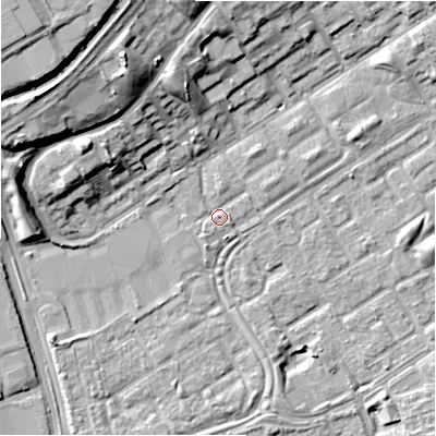 Shaded relief map of the ground around B356EE, computed from Environment Agency LiDAR. The ground here sits at about 82 m above sea level and falls 17 m across the surrounding 800 m. Surface water reaching this point runs off ground lying to the west-north-west, 12.8 m higher.