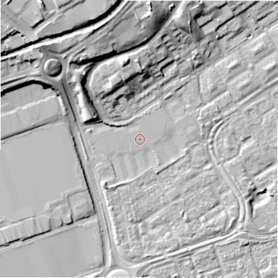 Shaded relief map of the ground around B356HB, computed from Environment Agency LiDAR. The ground here sits at about 82 m above sea level and falls 19 m across the surrounding 800 m. Surface water reaching this point runs off ground lying to the north-north-west, 11.3 m higher.