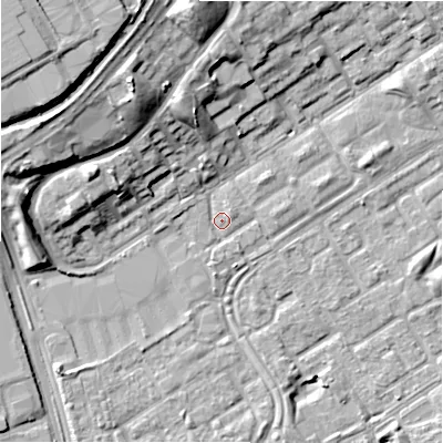Shaded relief map of the ground around B356QD, computed from Environment Agency LiDAR. The ground here sits at about 82 m above sea level and falls 17 m across the surrounding 800 m. Surface water reaching this point runs off ground lying to the west-north-west, 12.8 m higher.