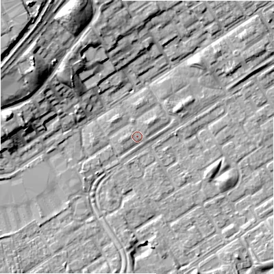 Shaded relief map of the ground around B356QE, computed from Environment Agency LiDAR. The ground here sits at about 82 m above sea level and falls 15 m across the surrounding 800 m. Surface water reaching this point runs off ground lying to the north-west, 12.5 m higher.