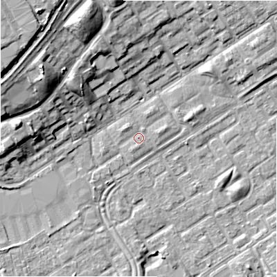 Shaded relief map of the ground around B356QF, computed from Environment Agency LiDAR. The ground here sits at about 82 m above sea level and falls 16 m across the surrounding 800 m. Surface water reaching this point runs off ground lying to the north-west, 1.0 m higher.