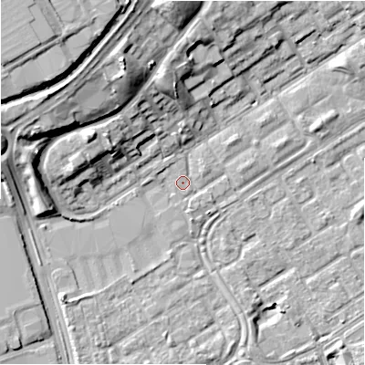 Shaded relief map of the ground around B356QG, computed from Environment Agency LiDAR. The ground here sits at about 82 m above sea level and falls 17 m across the surrounding 800 m. Surface water reaching this point runs off ground lying to the west-north-west, 12.8 m higher.