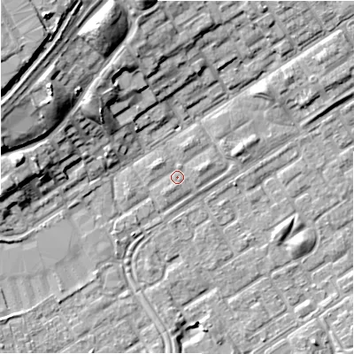 Shaded relief map of the ground around B356QH, computed from Environment Agency LiDAR. The ground here sits at about 82 m above sea level and falls 16 m across the surrounding 800 m. Surface water reaching this point runs off ground lying to the south-south-west, 0.7 m higher.