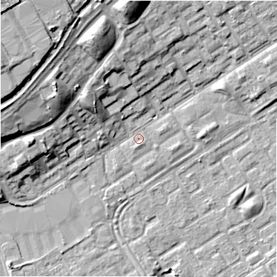 Shaded relief map of the ground around B356QP, computed from Environment Agency LiDAR. The ground here sits at about 82 m above sea level and falls 17 m across the surrounding 800 m. Surface water reaching this point runs off ground lying to the south, 1.3 m higher.