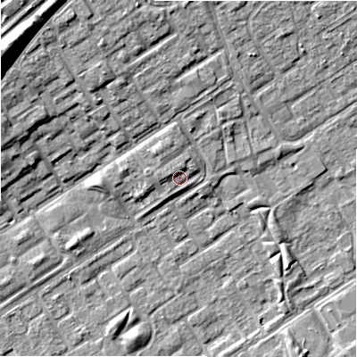 Shaded relief map of the ground around B356QT, computed from Environment Agency LiDAR. The ground here sits at about 84 m above sea level and falls 14 m across the surrounding 800 m. Surface water reaching this point runs off ground lying to the north, 1.7 m higher.
