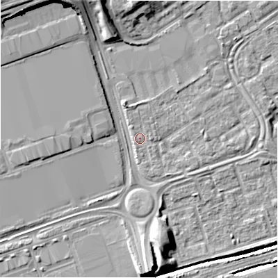 Shaded relief map of the ground around B357AA, computed from Environment Agency LiDAR. The ground here sits at about 82 m above sea level and falls 11 m across the surrounding 800 m. Surface water reaching this point runs off ground lying to the south, 6.6 m higher.