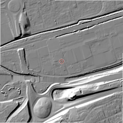 Shaded relief map of the ground around B357AD, computed from Environment Agency LiDAR. The ground here sits at about 83 m above sea level and falls 33 m across the surrounding 800 m. Surface water reaching this point runs off ground lying to the west, 0.7 m higher.
