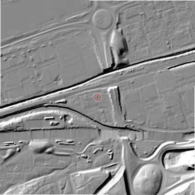 Shaded relief map of the ground around B357AF, computed from Environment Agency LiDAR. The ground here sits at about 83 m above sea level and falls 30 m across the surrounding 800 m. Surface water reaching this point runs off ground lying to the east-north-east, 4.6 m higher.