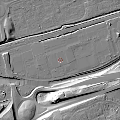 Shaded relief map of the ground around B357AG, computed from Environment Agency LiDAR. The ground here sits at about 83 m above sea level and falls 33 m across the surrounding 800 m. The ground contributing surface water to this point lies to the north-west.