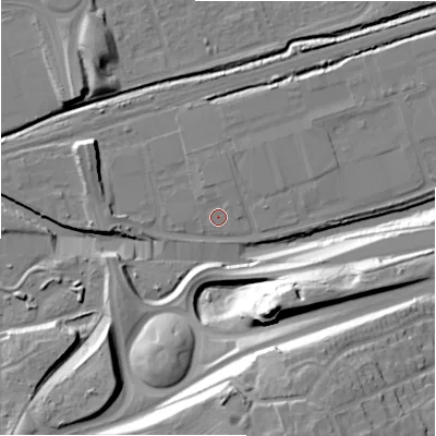 Shaded relief map of the ground around B357AQ, computed from Environment Agency LiDAR. The ground here sits at about 82 m above sea level and falls 33 m across the surrounding 800 m. Surface water reaching this point runs off ground lying to the north-north-west, 1.3 m higher.