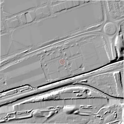 Shaded relief map of the ground around B357AR, computed from Environment Agency LiDAR. The ground here sits at about 83 m above sea level and falls 9 m across the surrounding 800 m. Surface water reaching this point runs off ground lying to the west-south-west, 2.8 m higher.