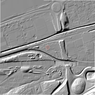 Shaded relief map of the ground around B357AZ, computed from Environment Agency LiDAR. The ground here sits at about 83 m above sea level and falls 30 m across the surrounding 800 m. Surface water reaching this point runs off ground lying to the south, 0.6 m higher.