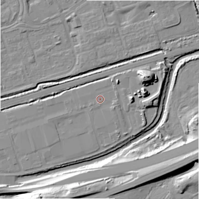 Shaded relief map of the ground around B357BT, computed from Environment Agency LiDAR. The ground here sits at about 82 m above sea level and falls 26 m across the surrounding 800 m. Surface water reaching this point runs off ground lying to the east-south-east, 1.7 m higher.