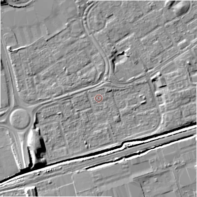 Shaded relief map of the ground around B357BX, computed from Environment Agency LiDAR. The ground here sits at about 82 m above sea level and falls 10 m across the surrounding 800 m. Surface water reaching this point runs off ground lying to the north-east, 0.8 m higher.