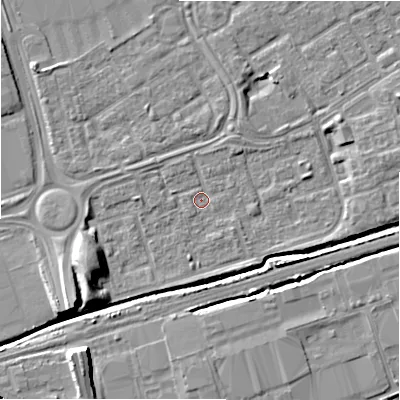 Shaded relief map of the ground around B357BY, computed from Environment Agency LiDAR. The ground here sits at about 81 m above sea level and falls 10 m across the surrounding 800 m. Surface water reaching this point runs off ground lying to the south-west, 6.9 m higher.