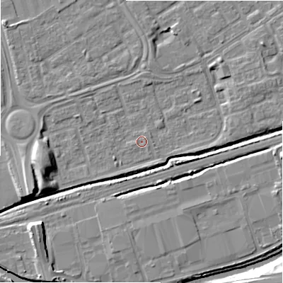 Shaded relief map of the ground around B357DA, computed from Environment Agency LiDAR. The ground here sits at about 81 m above sea level and falls 13 m across the surrounding 800 m. Surface water reaching this point runs off ground lying to the north-east, 0.9 m higher.