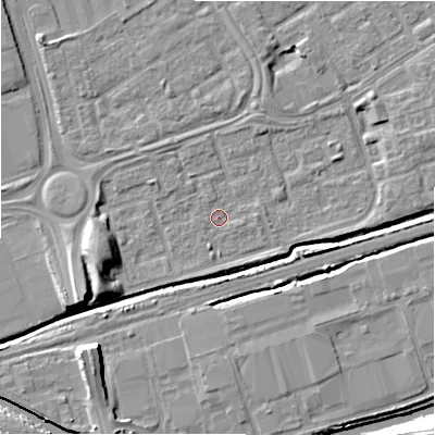 Shaded relief map of the ground around B357DB, computed from Environment Agency LiDAR. The ground here sits at about 81 m above sea level and falls 12 m across the surrounding 800 m. Surface water reaching this point runs off ground lying to the west-south-west, 6.9 m higher.