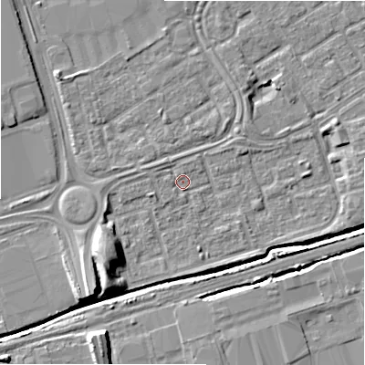 Shaded relief map of the ground around B357DE, computed from Environment Agency LiDAR. The ground here sits at about 82 m above sea level and falls 10 m across the surrounding 800 m. Surface water reaching this point runs off ground lying to the west-north-west, 1.5 m higher.