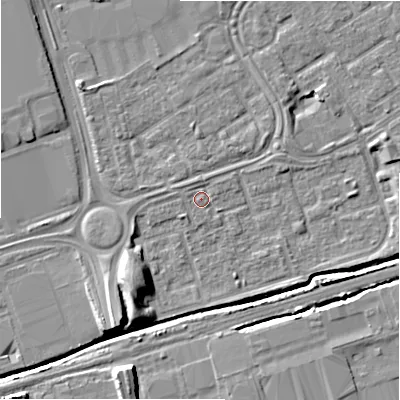 Shaded relief map of the ground around B357DF, computed from Environment Agency LiDAR. The ground here sits at about 82 m above sea level and falls 9 m across the surrounding 800 m. Surface water reaching this point runs off ground lying to the west-north-west, 1.3 m higher.