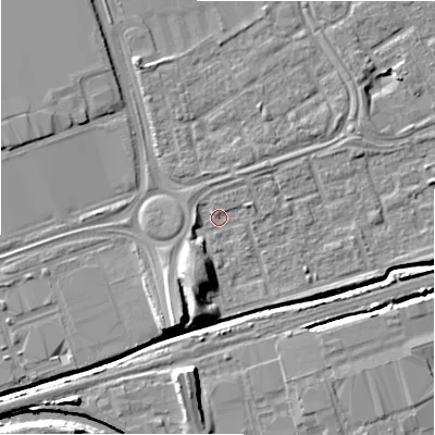 Shaded relief map of the ground around B357DG, computed from Environment Agency LiDAR. The ground here sits at about 81 m above sea level and falls 9 m across the surrounding 800 m. Surface water reaching this point runs off ground lying to the south-south-west, 6.7 m higher.