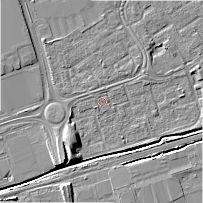 Shaded relief map of the ground around B357DH, computed from Environment Agency LiDAR. The ground here sits at about 82 m above sea level and falls 9 m across the surrounding 800 m. The ground contributing surface water to this point lies to the south.