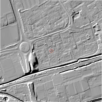 Shaded relief map of the ground around B357DJ, computed from Environment Agency LiDAR. The ground here sits at about 82 m above sea level and falls 10 m across the surrounding 800 m. Surface water reaching this point runs off ground lying to the south-west, 6.9 m higher.