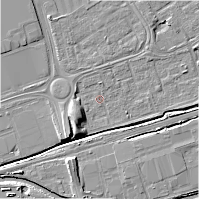 Shaded relief map of the ground around B357DL, computed from Environment Agency LiDAR. The ground here sits at about 82 m above sea level and falls 10 m across the surrounding 800 m. Surface water reaching this point runs off ground lying to the south-west, 6.9 m higher.